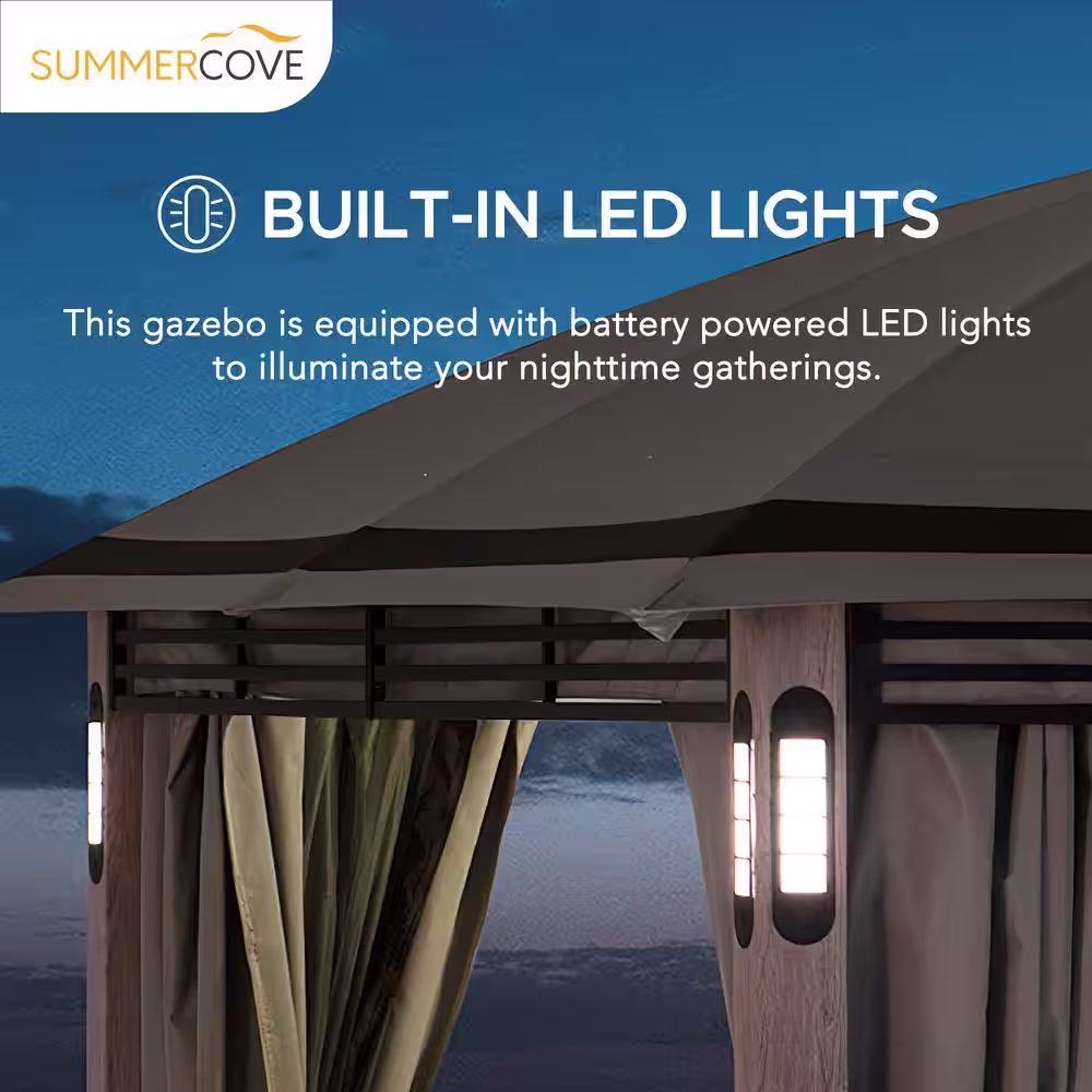 Sunjoy SummerCove Monterey Park 10 ft. x 13 ft. Gray 2-Tier Gazebo with LED Lighting and Bluetooth Sound