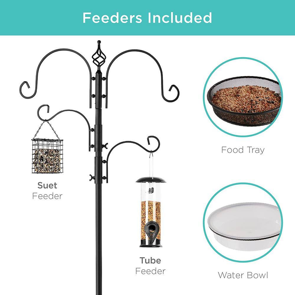 None 91 in. Steel Multi-Feeder Kit Stand for Attracting Wild Birds with 2 Bird Feeders, Mesh Tray, Bird Bath, Black