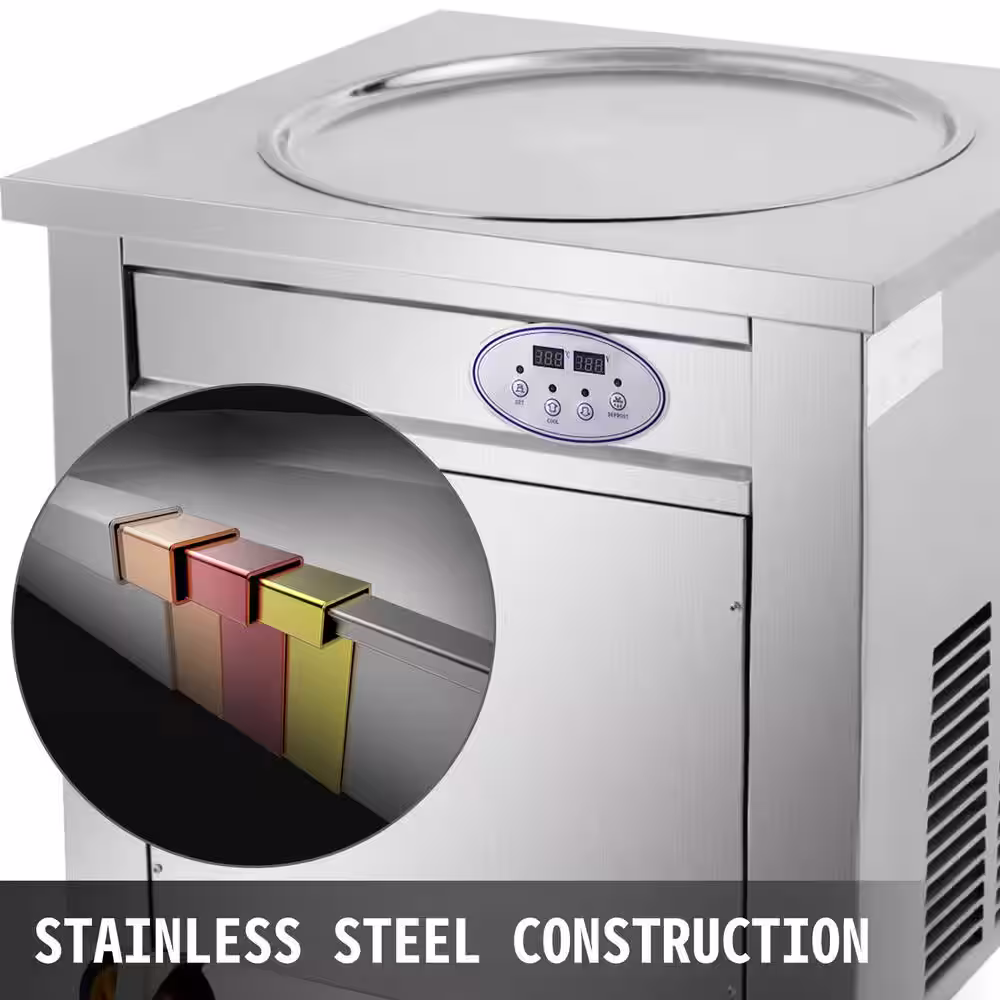 VEVOR Commercial Ice Roll Maker 1800 Watt 19.7 in. Silver Round Pan Stainless Steel Stir-Fried Yogurt Cream Machine for Bars