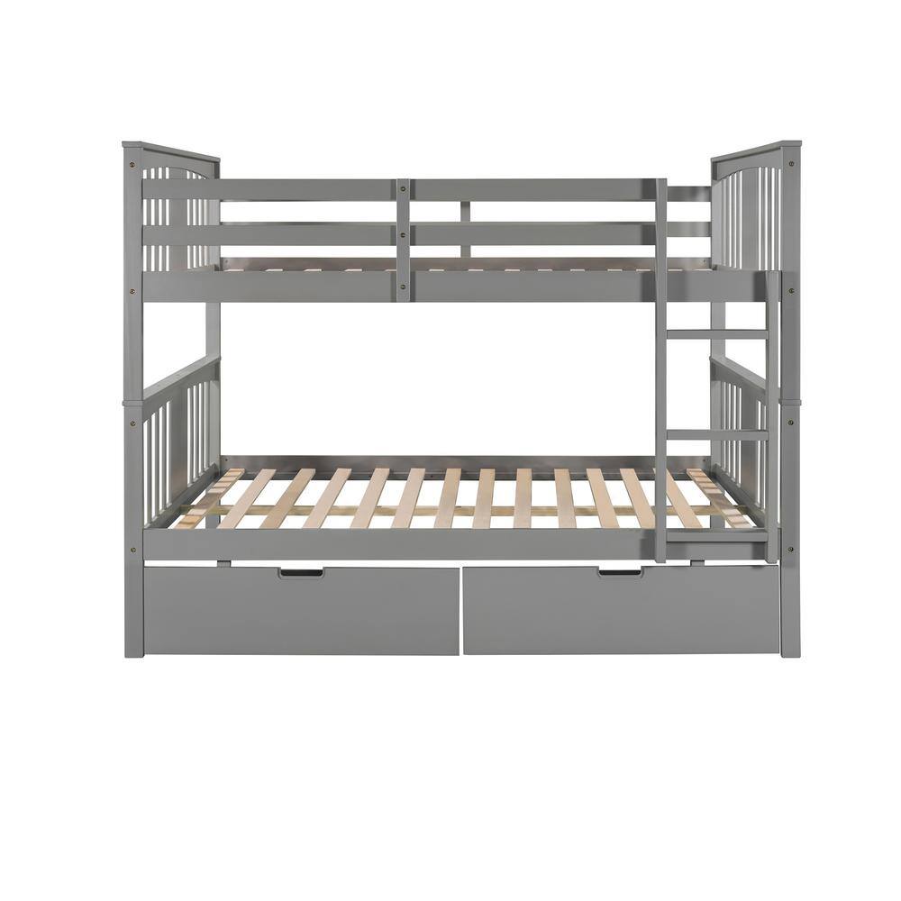 Harper & Bright Designs Gray Full Wood Bunk Bed with Drawers and Ladder