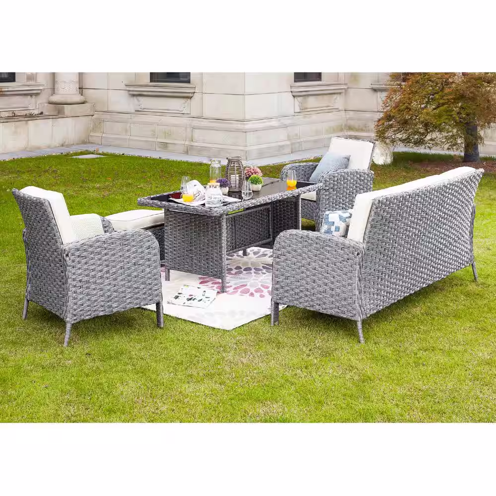 Patio Festival 6-Piece Wicker Patio Conversation Seating Set with Beige Cushions