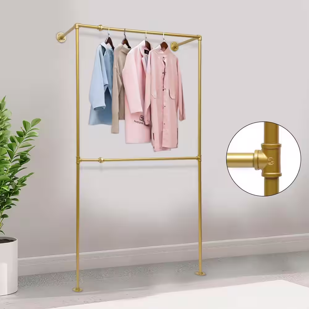 None Gold Simple Pipe Wall Mounted Iron Display Clothes Rack 47.2 in. x 82.67 in.