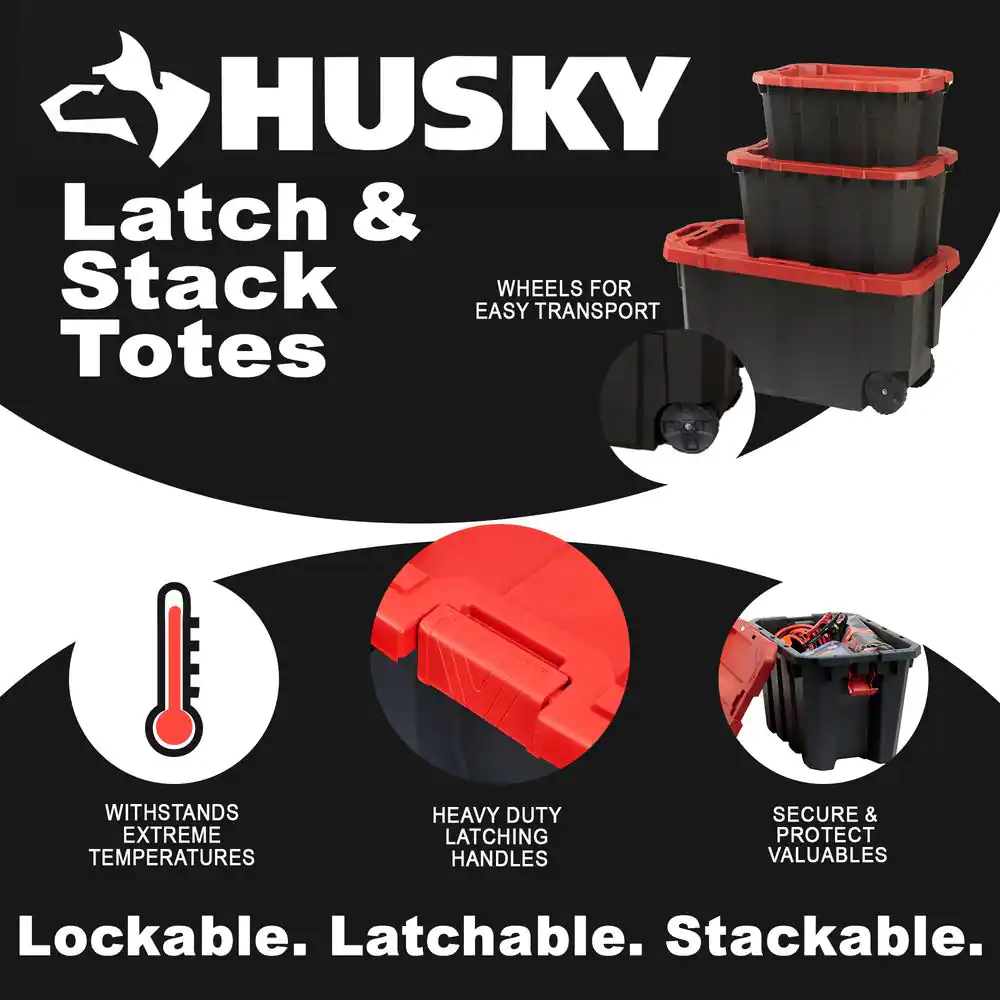 Husky 45 Gal. Latch and Stack Tote with Wheels in Black with Red Lid