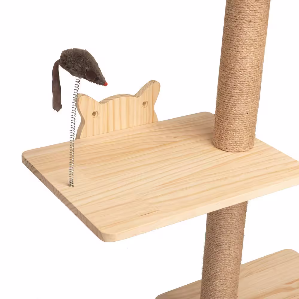 None 69.1 in. Small to Large Wooden Cat Trees, Wall-Mounted Cat Scratching Pad with Hammock