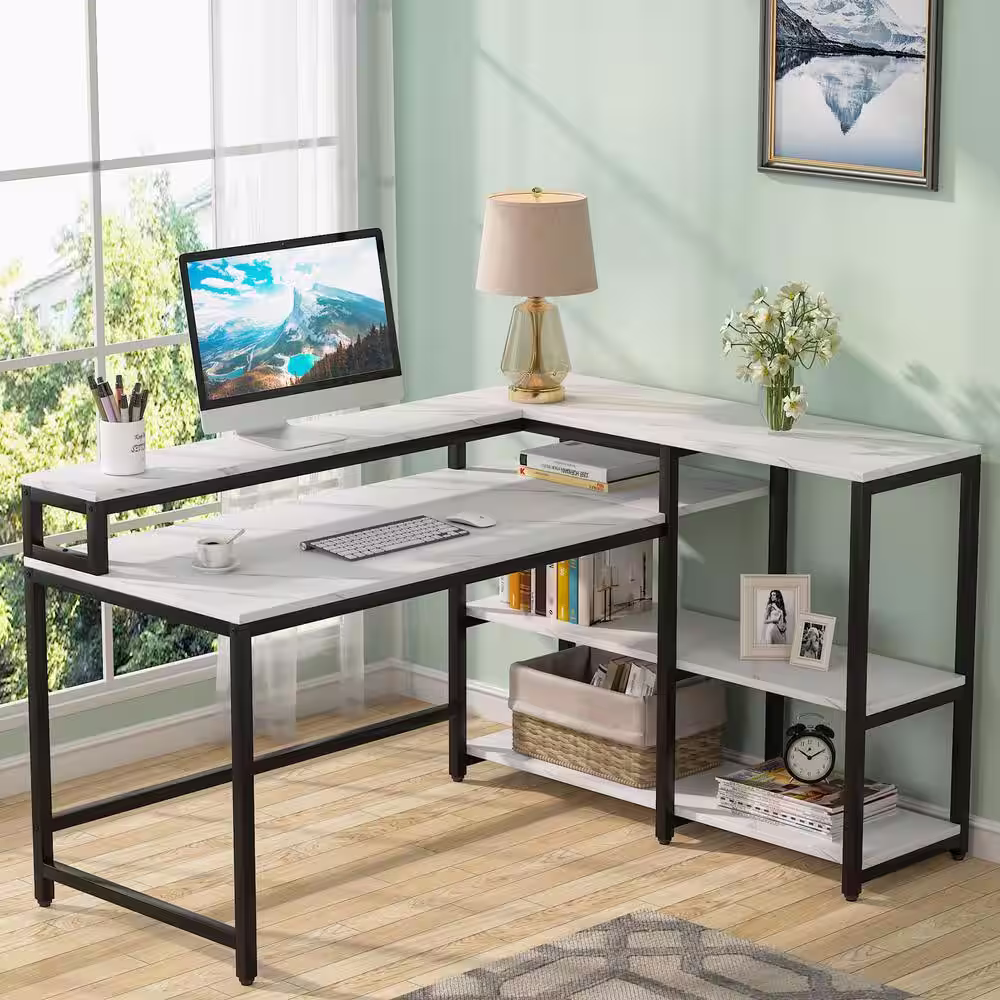 None 55 in. L-shaped White Faux Marble Reversible Computer Desk with Shelves and Monitor Stand
