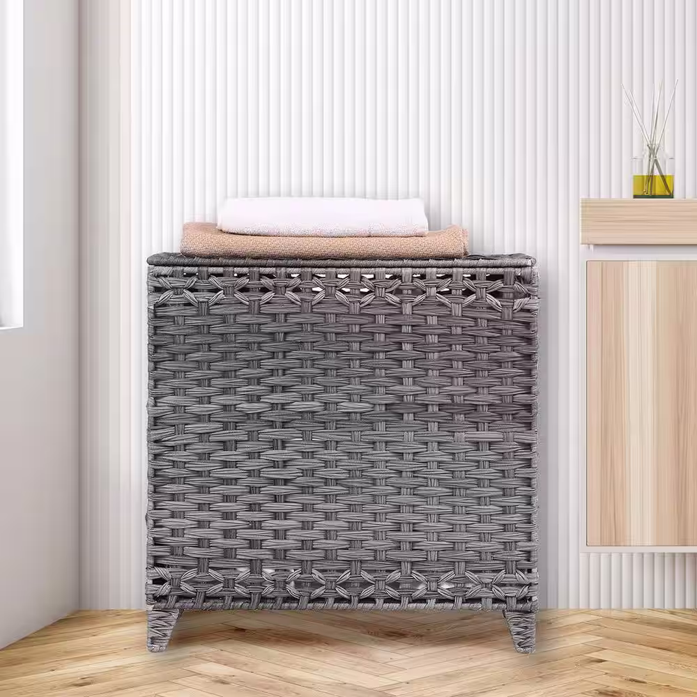 None 132 L Plastic Rattan Laundry Basket Hamper with Lid Gray