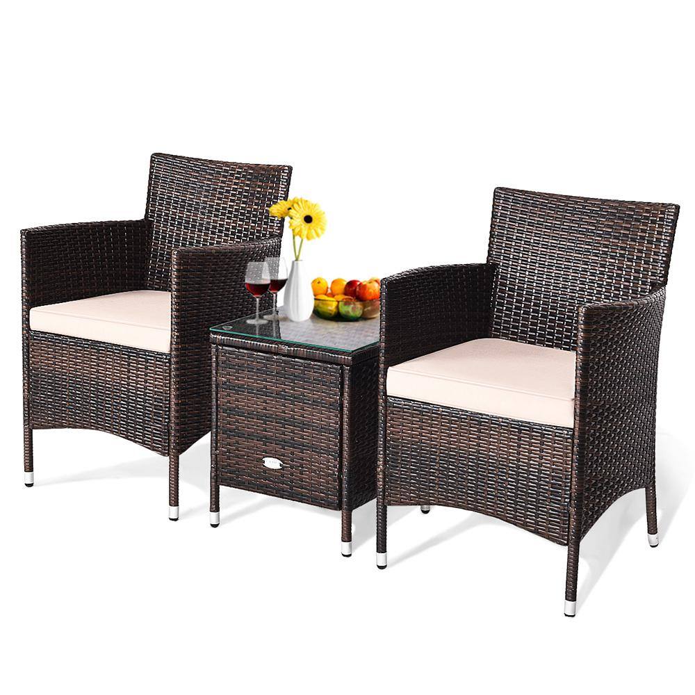 Costway 3-Piece Wicker Patio Conversation Set with Beige/Tan Cushions