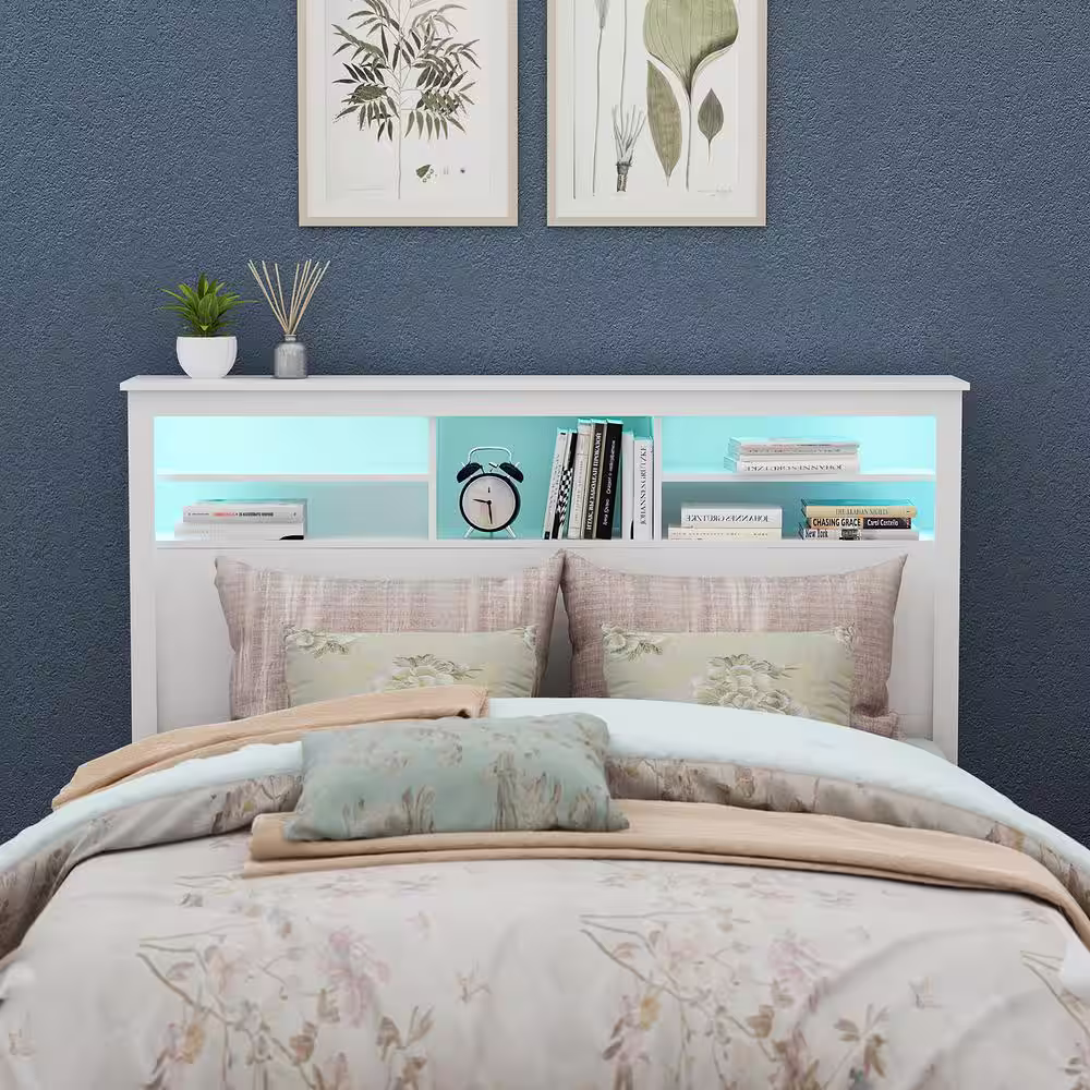 None 5-Shelves White Wood Full Queen Headboard Shelf With LED Lights