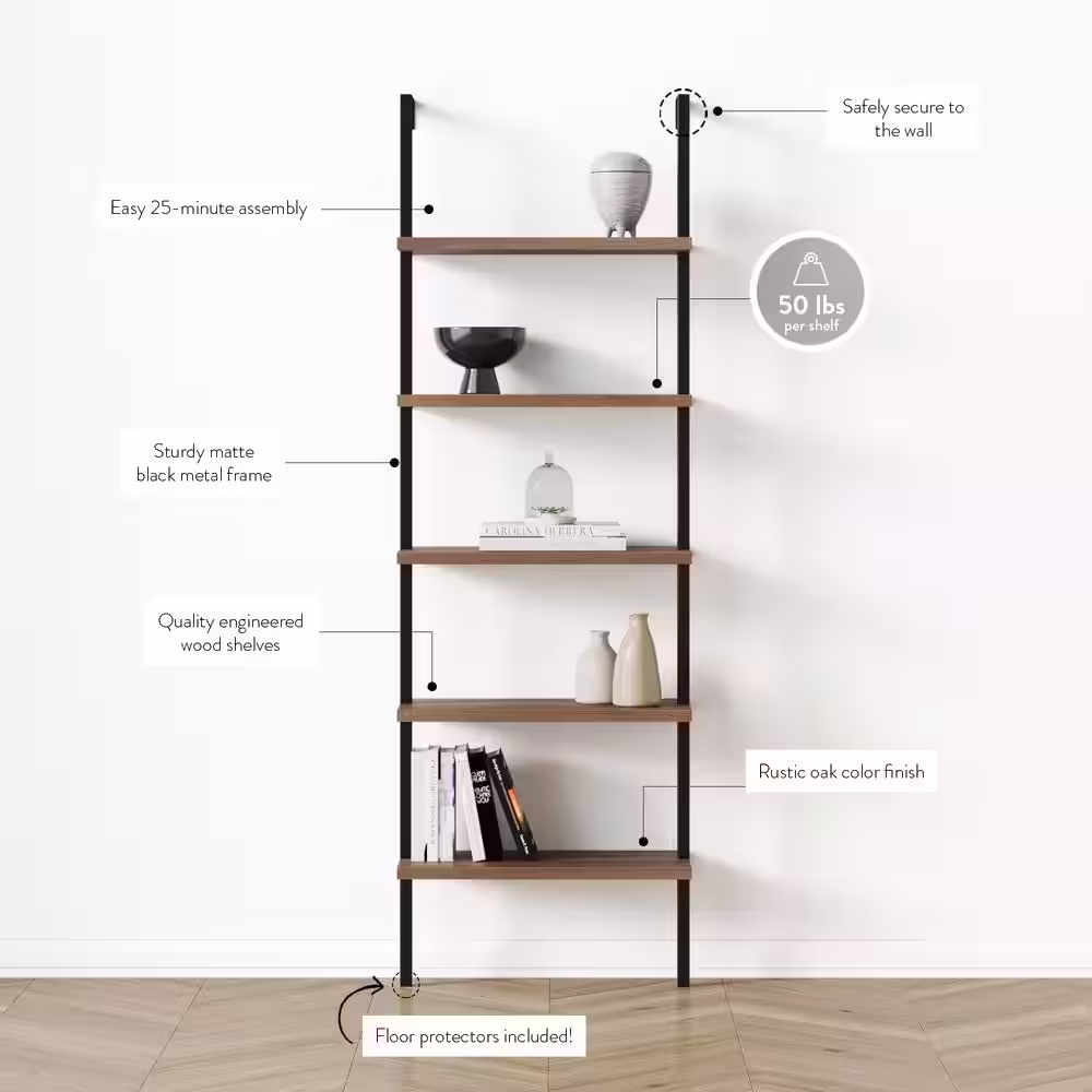 Nathan James Theo 73 in. Matte Black Reclaimed Oak Wood 5-Shelf Ladder Bookcase with Black Metal Frame