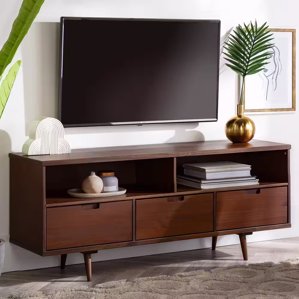 Walker Edison Furniture Company Ivy 58 in. Walnut Wood TV Stand with 3 Drawers Fits TVs Up to 64 in. with Cable Management