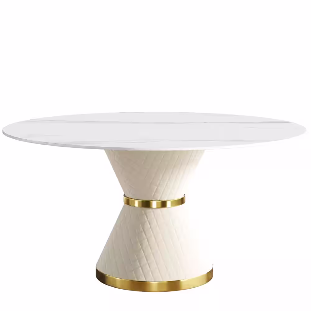 Magic Home 59.05 in. Circular Sintered Stone Tabletop Kitchen Dining Table with Beige PU and Metal Pedestal Base (6 Seats)