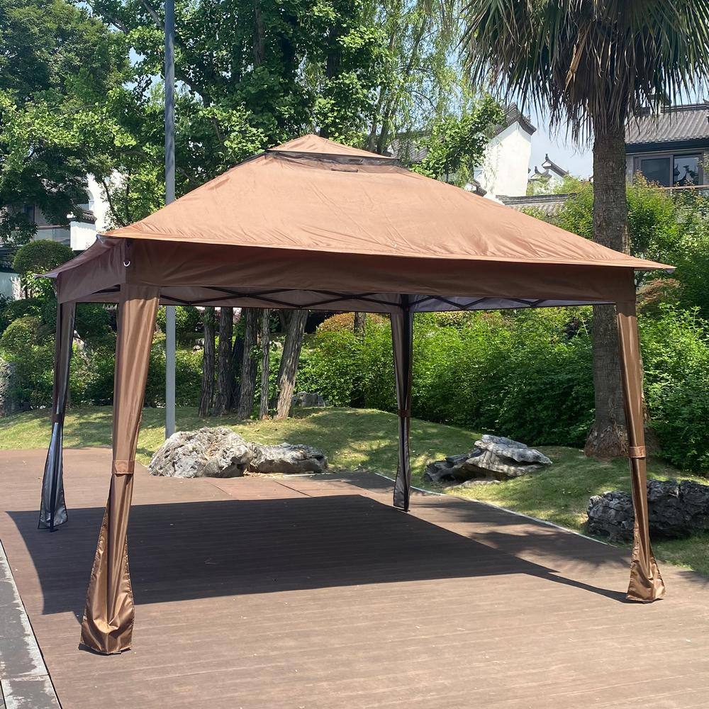 None 11 ft. x 11 ft. Brown Outdoor Pop Up 2-Tier Gazebo Canopy with Removable Zipper Netting and 4 Sandbags
