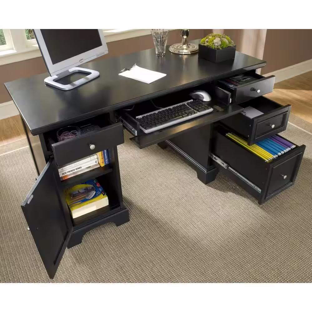 HOMESTYLES 54 in. Rectangular Black 5 Drawer Executive Desk with Keyboard Tray