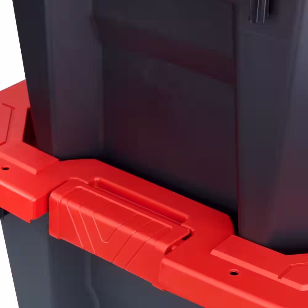 Husky 45 Gal. Latch and Stack Tote with Wheels in Black with Red Lid