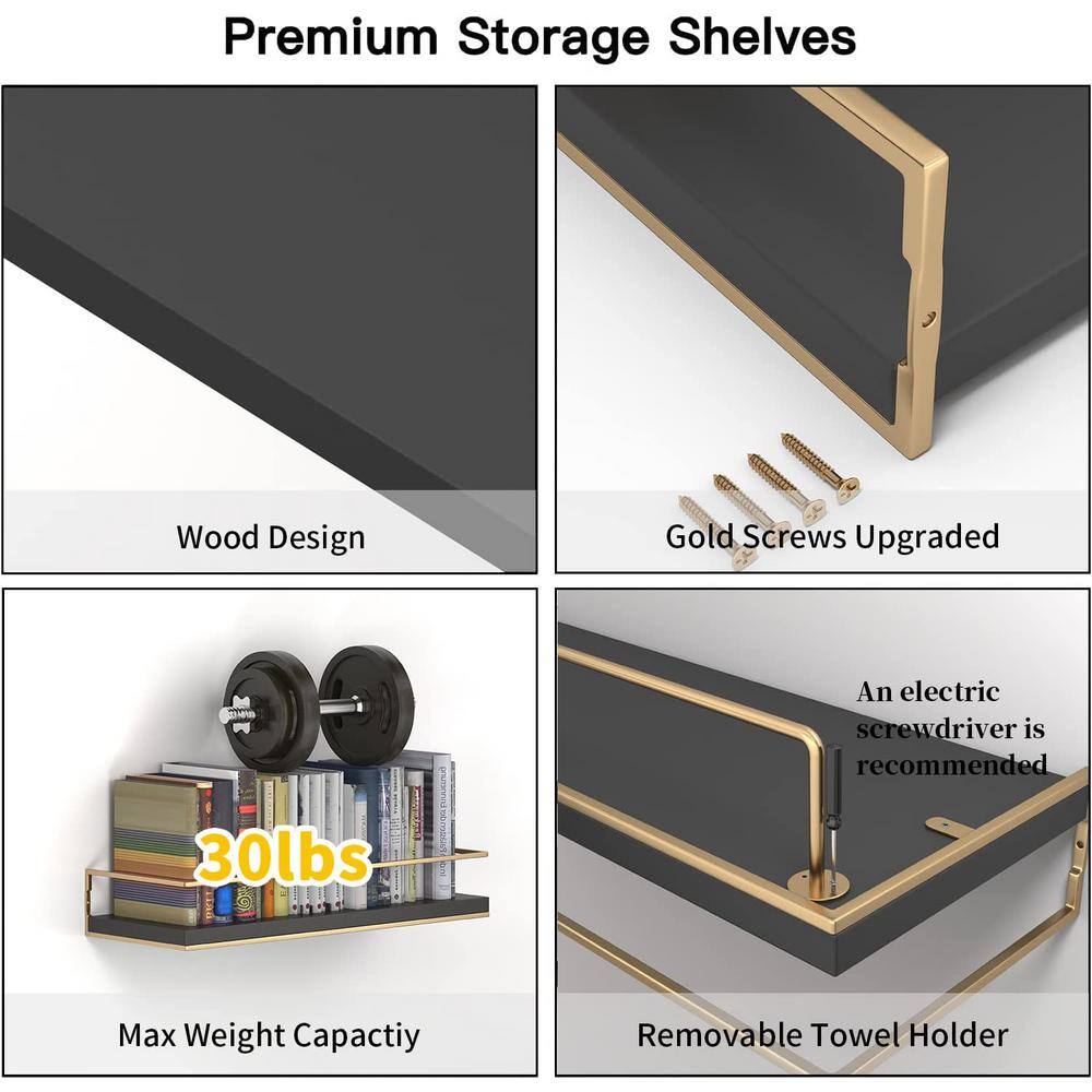 None 16 in. W x 6 in. D Black Wood Decorative Wall Shelf, (Set of 2)