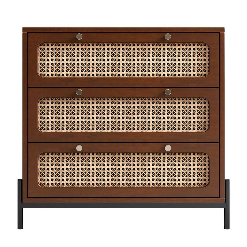 Harper & Bright Designs Walnut Modern Cannage Rattan Wood 3-Drawer 30 in. Wide Chest of Drawers