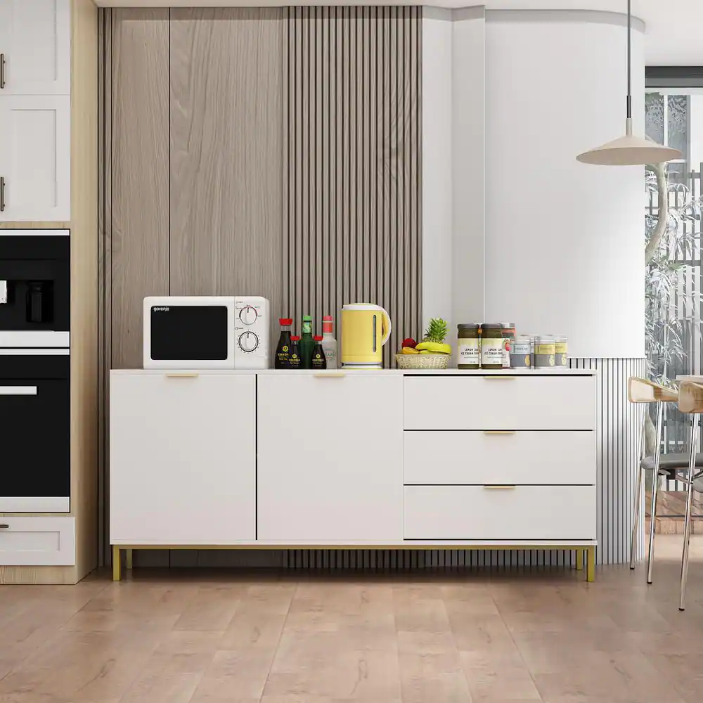 None 62.9 in. W White Paint Sideboard Kitchen Buffet Cupboard with Drawers and Shelves, Metal Legs