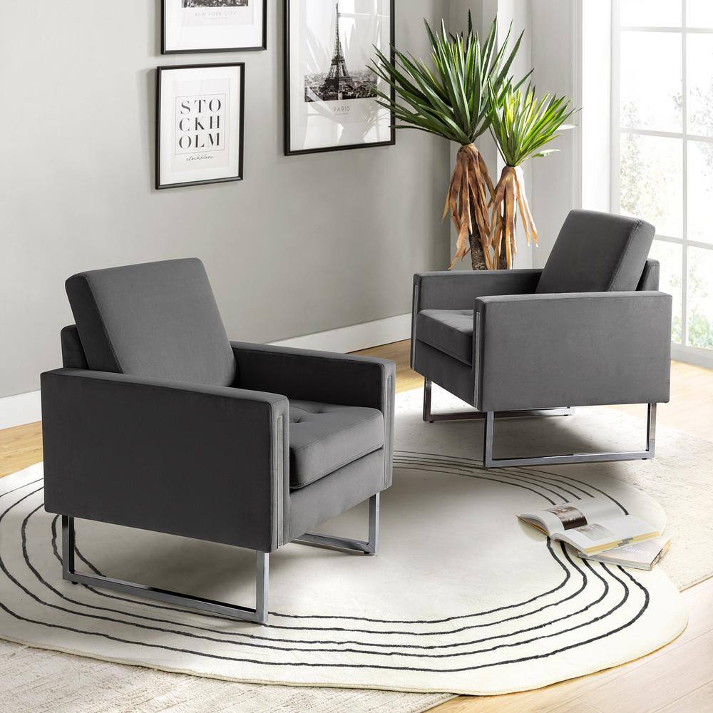 JAYDEN CREATION Dardanus Modern Grey Velvet Club Chair with Embedded Metal Armrests Set of 2