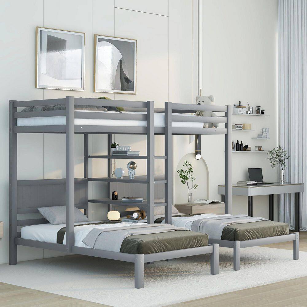 Harper & Bright Designs Gray Twin XL Over Twin and Twin Bunk Bed with Built-in 4 Shelves and Ladder