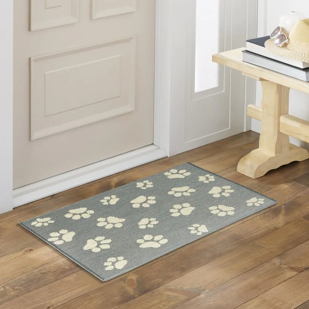 Home Dynamix Comfy Pooch Gray/Tan Paw 23.6 in. x 35.4 in. Machine Washable Kitchen Mat