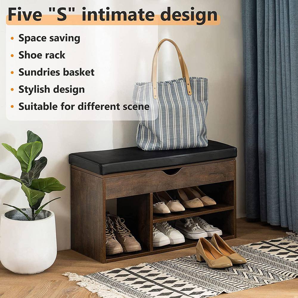 None 17 in. H 5-Pair Brown Wood Shoe Rack Bench 3-Tier Storage Shelf