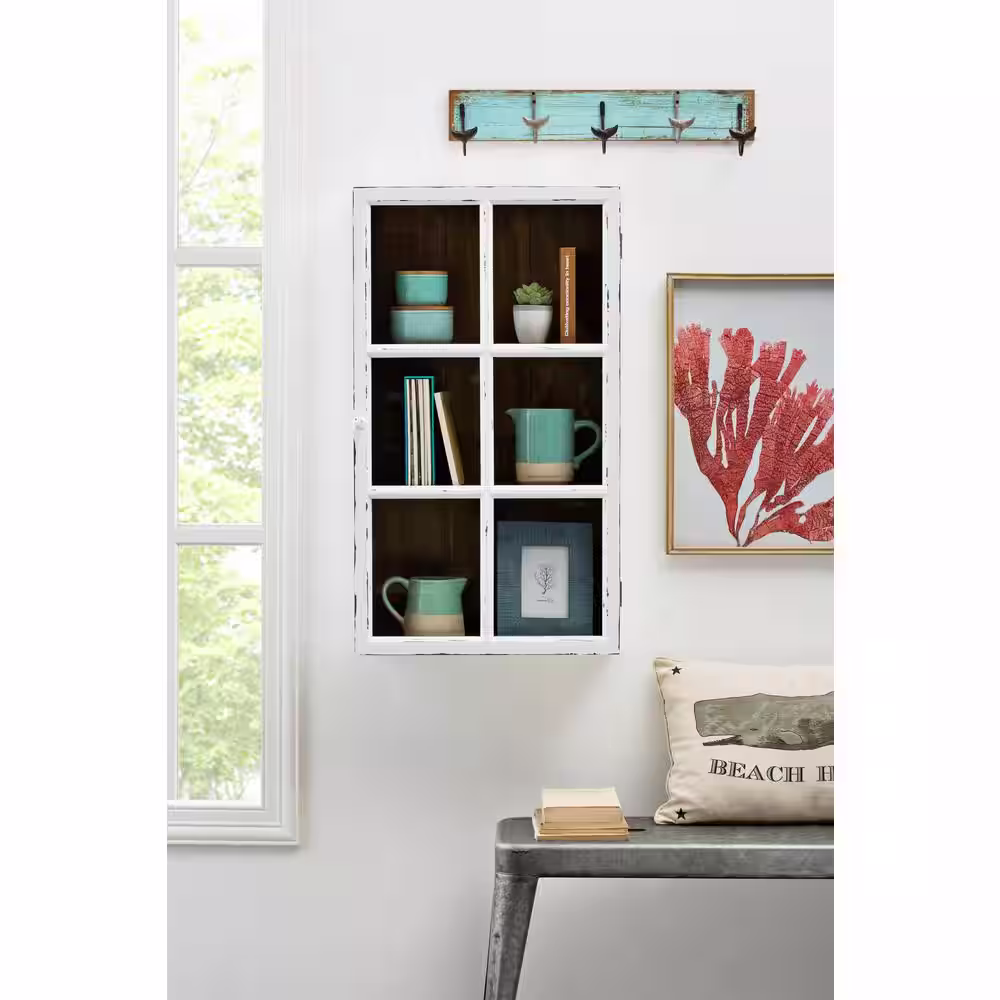 Storied Home 20 in. x 35 in. Wood Wall Mounted Storage Window Cabinet with 3-Shelves in Antique White