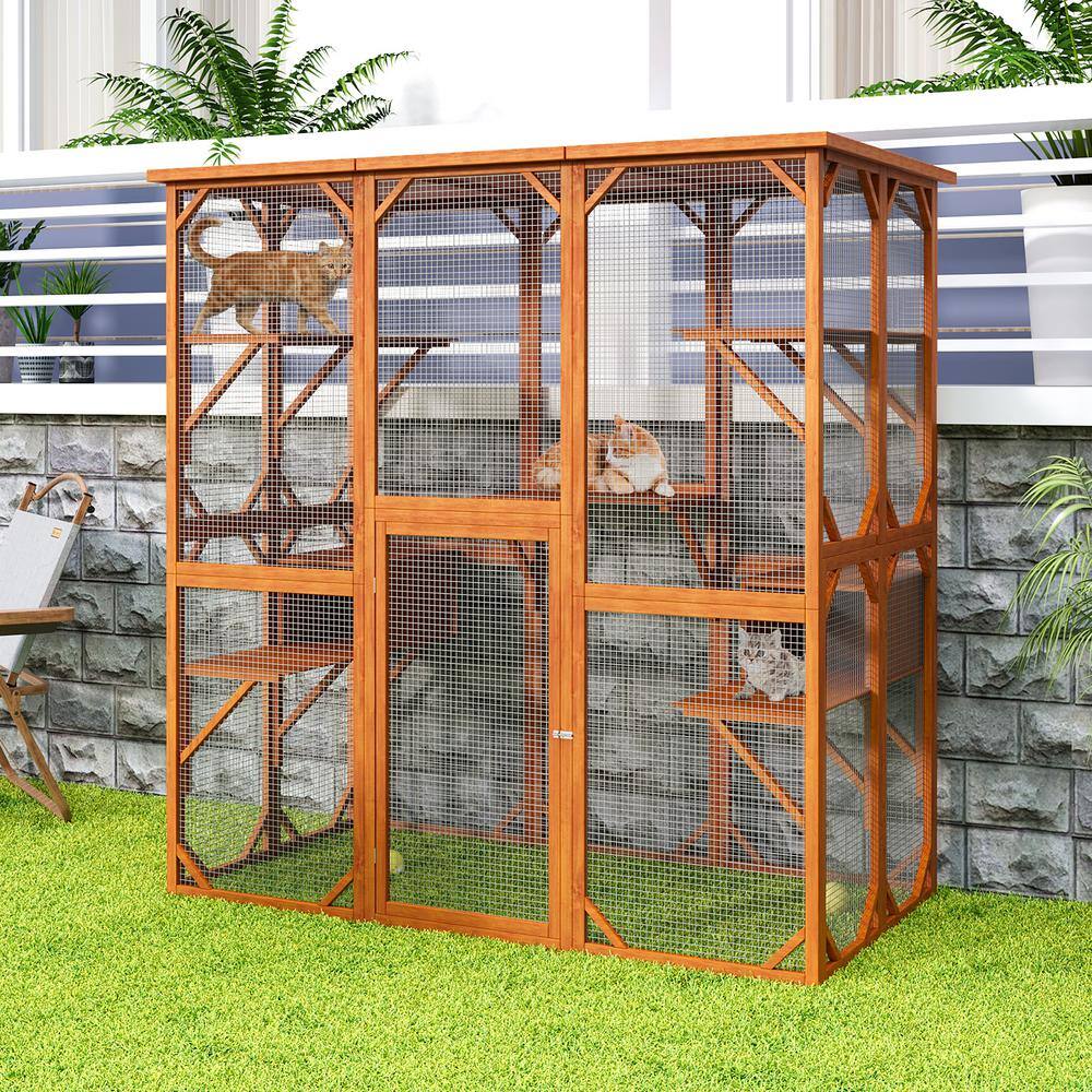 None Outdoor Large Cat Cage House, Weatherproof Wooden Cats Catio Cat Cage Enclosure with 7 Platform and 2 Small House, Wood