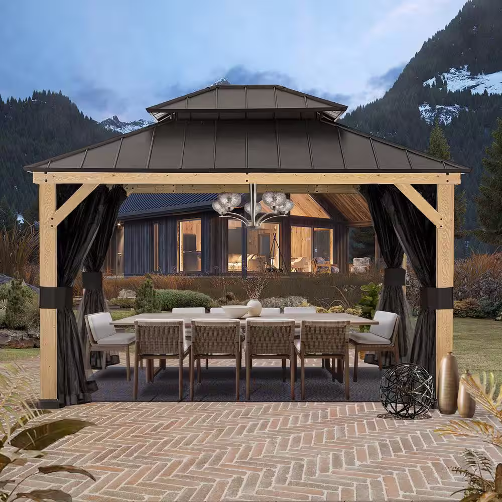 None Spruce Wood 13 ft. x 11 ft. Outdoor Patio Hardtop Gazebo with Double Galvanized Steel Roof and Mosquito Netting
