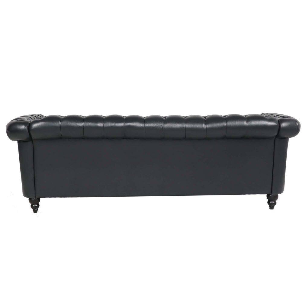 Harper & Bright Designs 84 in. W Rolled Arm Faux Leather Chesterfield Straight Sofa in Black