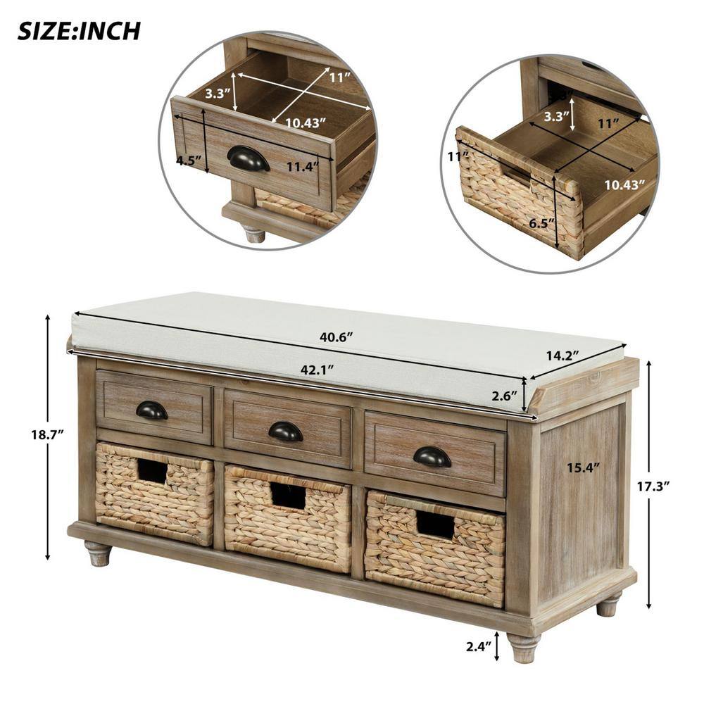 None 42 in. D x 15 in. W x 19 in. H White Washed Wood Shoe Storage Bench with 3-Drawers and 3-Rattan Baskets
