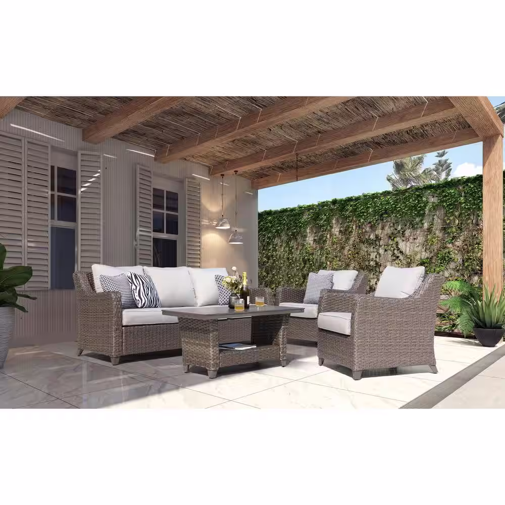 Nuu Garden Brown 4-Piece Wicker Outdoor Patio Deep Seating Set Conversation Sofa Set with Grey Cushions