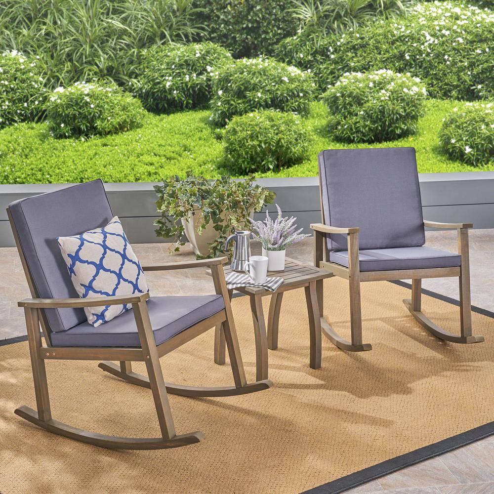 Noble House Candle Grey 3-Piece Wood Patio Conversation Set with Dark Grey Cushions