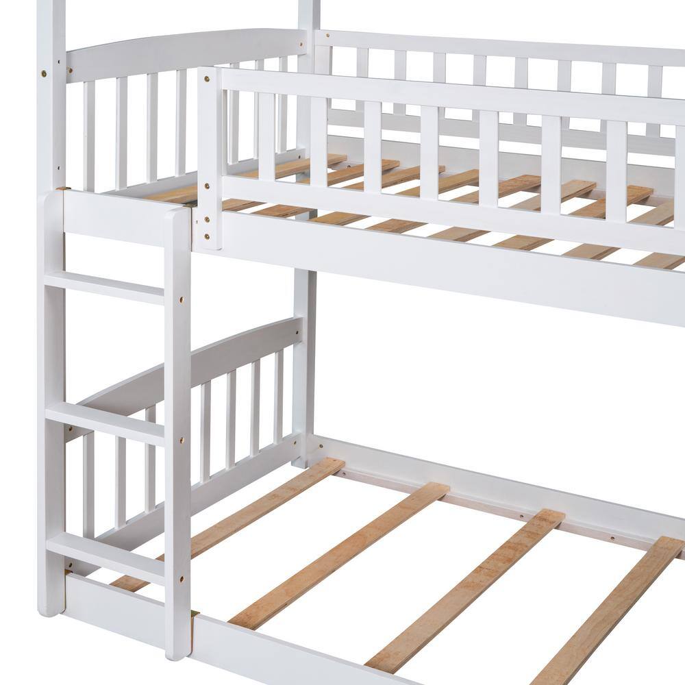 Harper & Bright Designs White Twin Over Twin Wood House Bunk Bed with Slide and Ladder