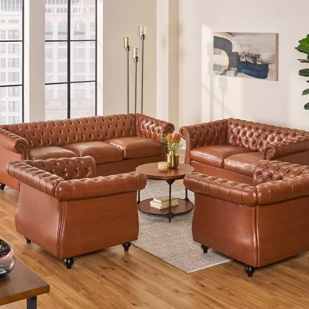 Noble House Silverdale 4-Piece Cognac Brown Living Room Sets