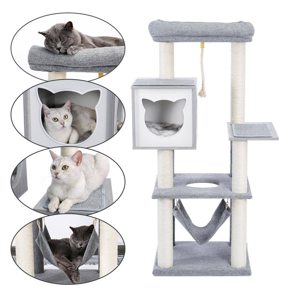 None Cat Tree 52 in. Multi-Level Modern Wooden Cat Tower with Hammock and Scratching Posts and Cat Condo Gray