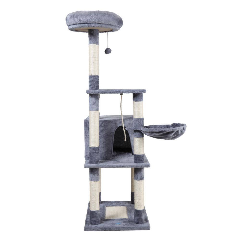 None 60 in. Multi-Level Cat Tree Tower with Play Tunnel in Light Gray