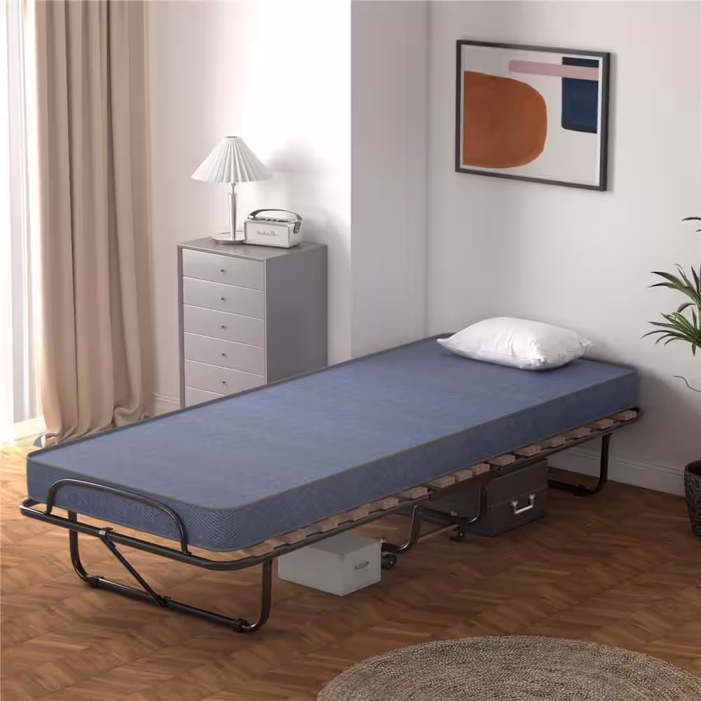 Costway Portable Memory Foam Folding Bed with Mattress Rollaway Cot Navy