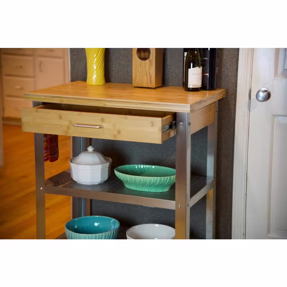 Eccostyle 1 Drawer, 2 Shelf Natural Bamboo & Stainless Steel Rolling Kitchen Cart with Side Dishtowel Bar