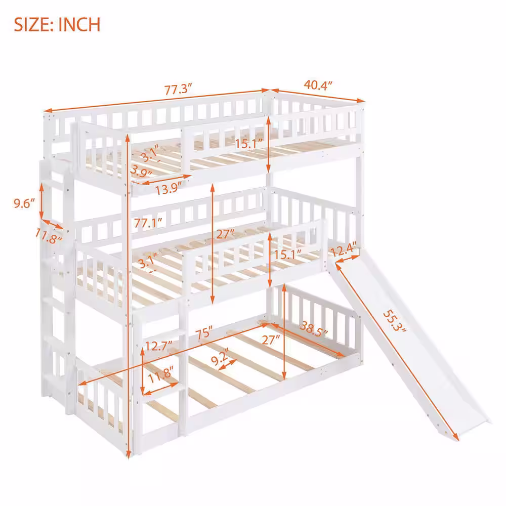 Harper & Bright Designs White Twin Triple Bunk Bed with Built-in Ladder and Slide