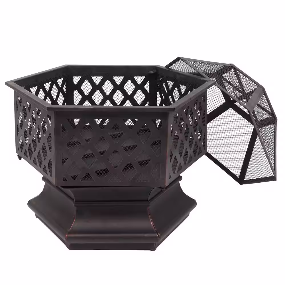 None 22 in. W x 22.4 in. H Hexagonal Metal Wood Burning Fire Pit in Black