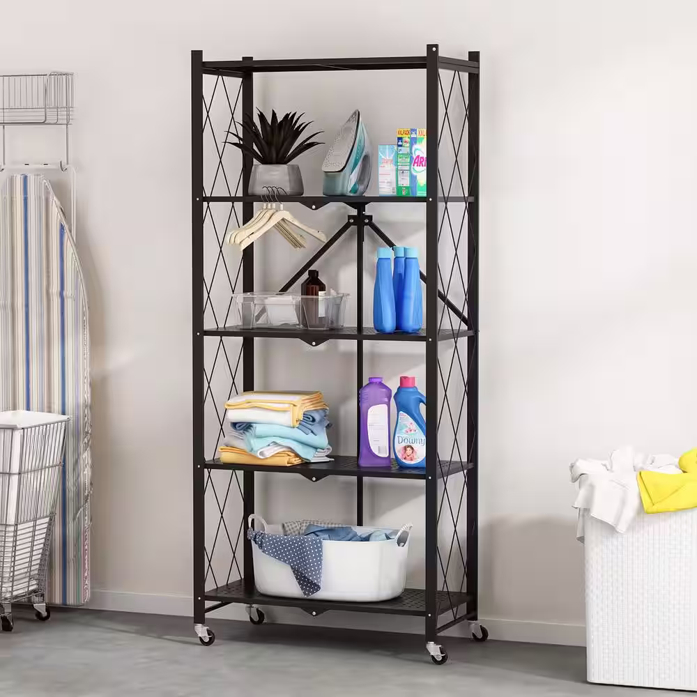 FUFU&GAGA 64.3 in. H Black Metal 10-Shelf Freestanding Standard Bookcase Foldable Metal Shelf Shelving Unit With Wheels