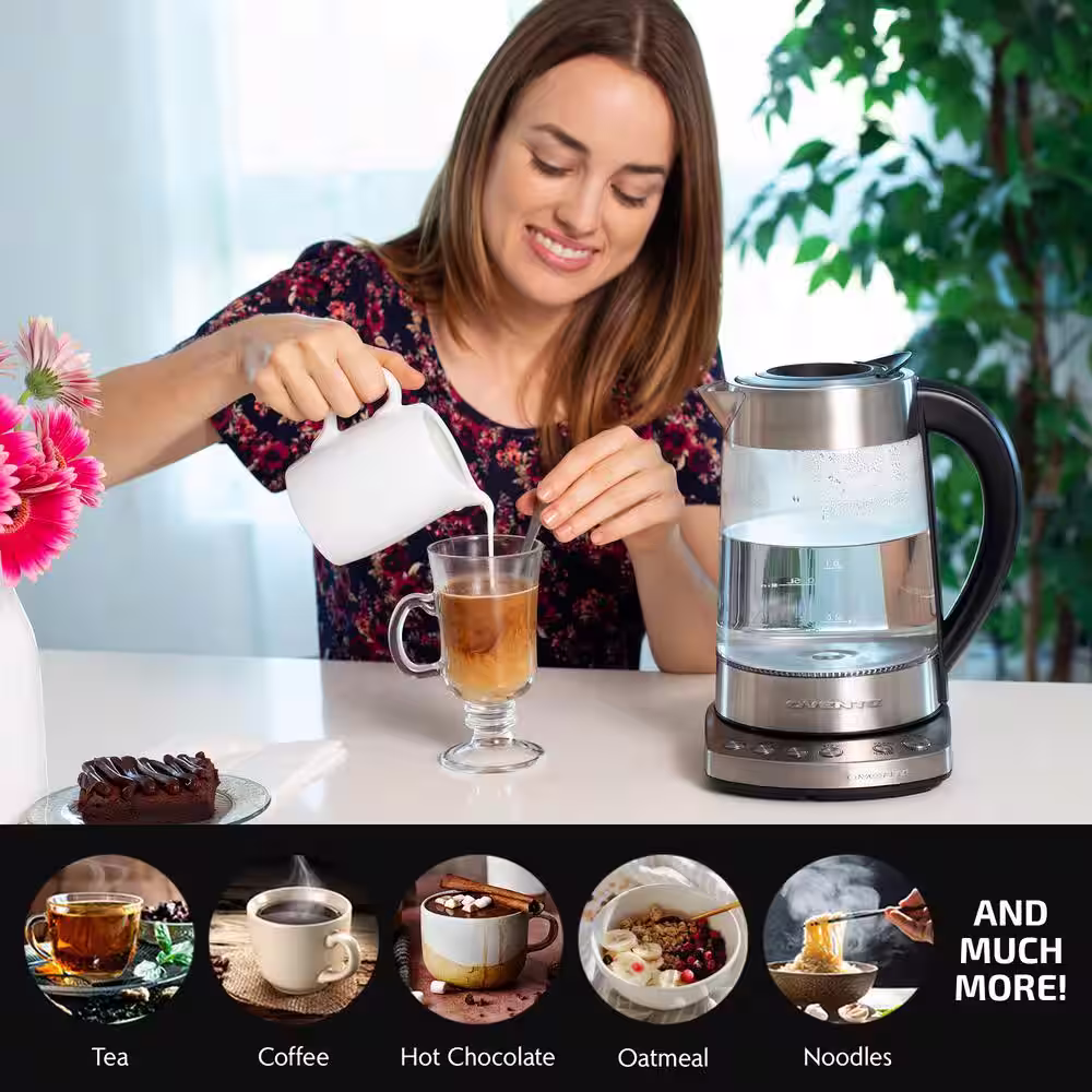 OVENTE 7.2-Cup Silver Variable Temperature Glass Electric Kettle with ProntoFill Technology - Fill Up with the Lid On