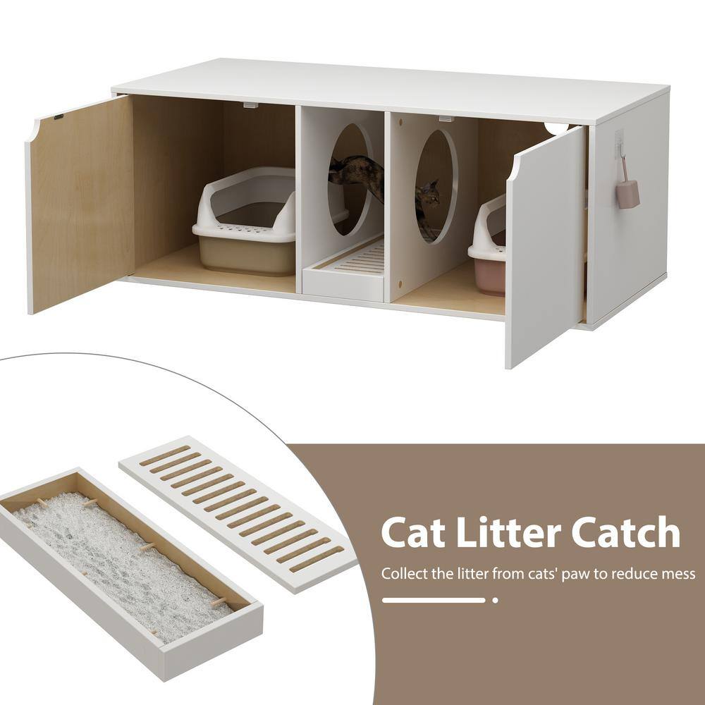 FUFU&GAGA Hidden Cat Litter Box Enclosure Furniture, Cat Washroom End Table with Double Room and Litter Catch, Log with White
