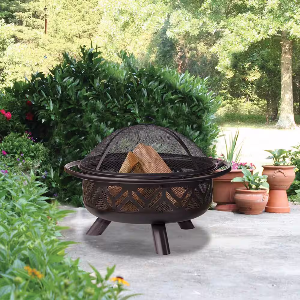 Endless Summer 30 in. D Oil Rubbed Bronze Finish Geometric Design Wood Burning Fire Pit