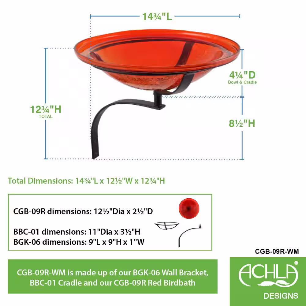 Achla Designs 12.5 in. Dia Red Reflective Crackle Glass Birdbath Bowl with Wall Mount Bracket
