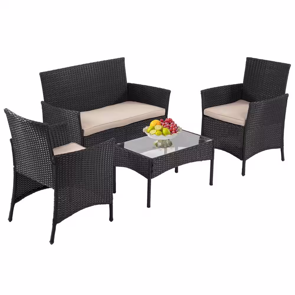Furniture of America Eli 4-Piece Wicker Patio Conversation Set with Beige Cushions