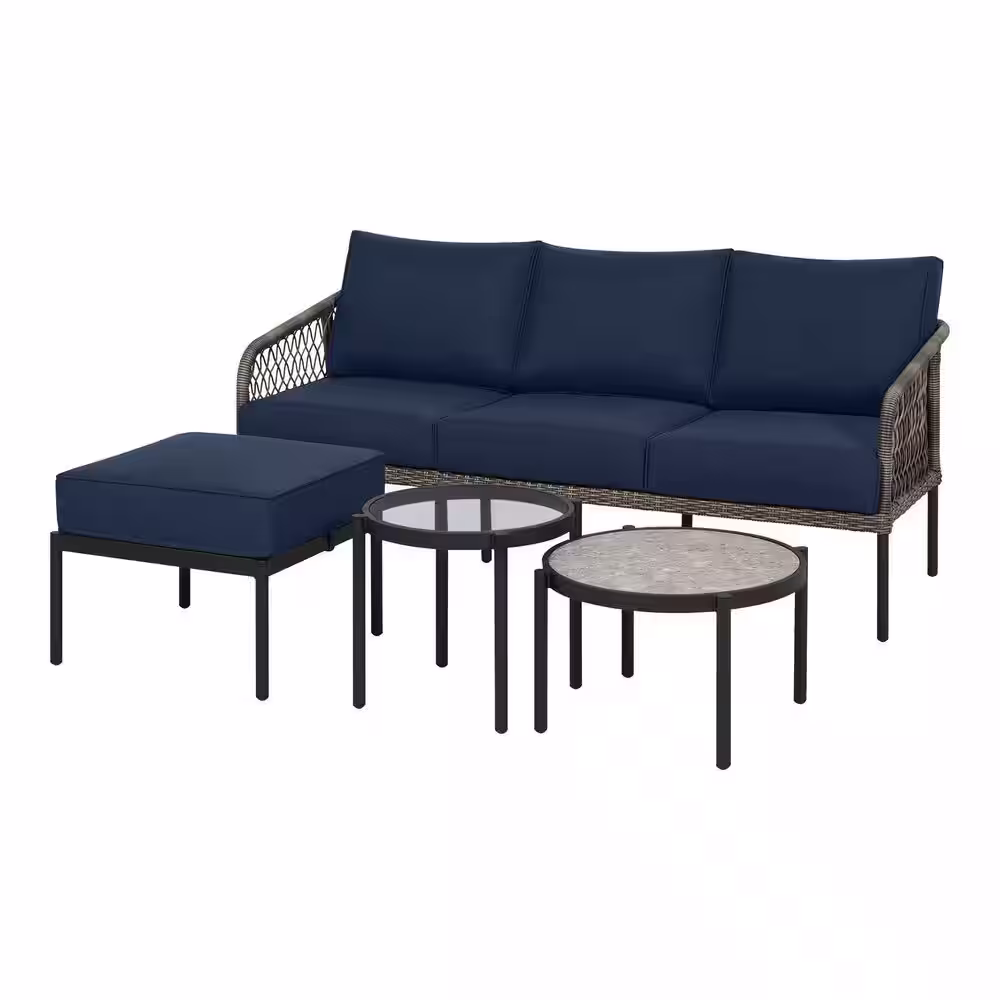 StyleWell Parker Mill Black 4-Piece Metal Patio Seating Set with Porter Midnight Cushions
