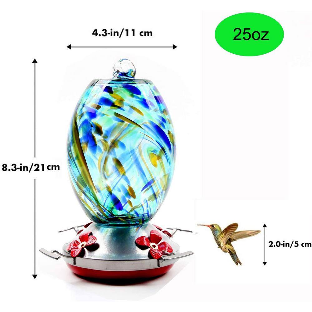 None 25 oz. Capacity Hand Blown Glass Garden Hummingbird Bird Feeder with Perch