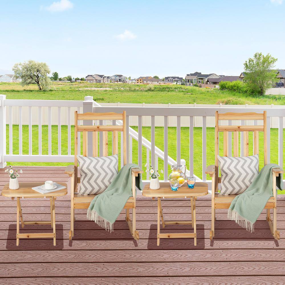 Costway 4-Piece Patio Wooden Rocking Chair Bistro Set High Backrest with Folding Side Table