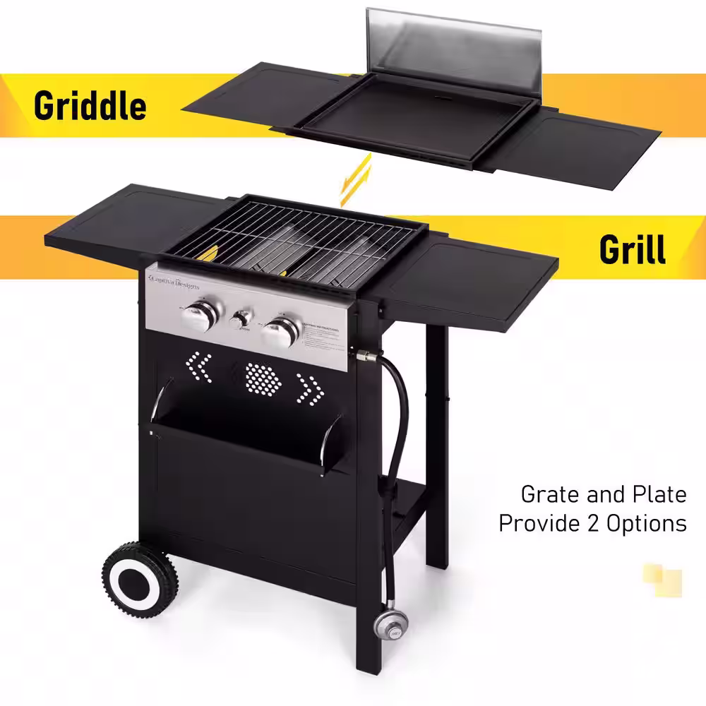 None 2 Burner Propane Flat Top Gas Grill and Griddle Combo in Black